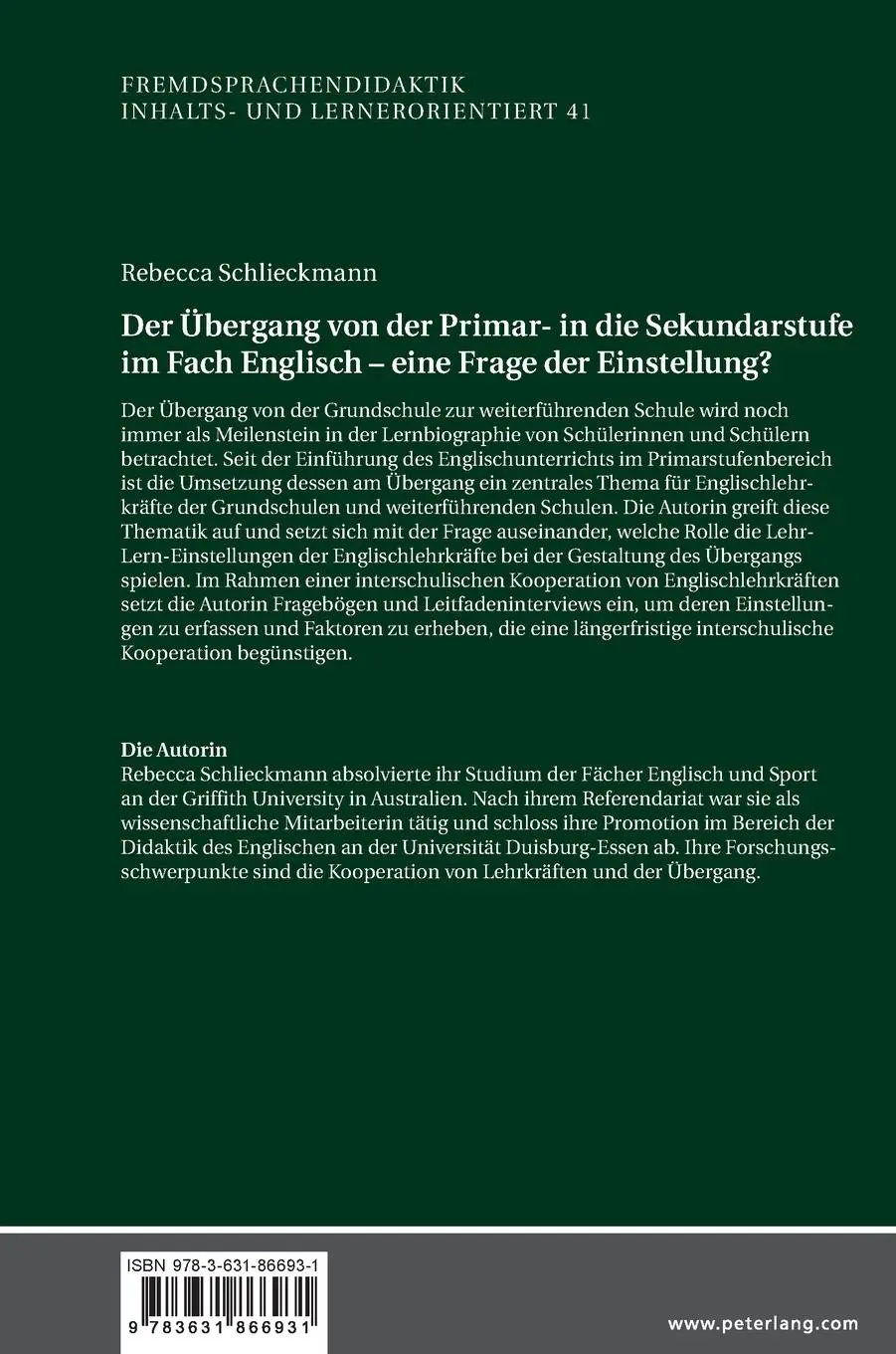 Rückseite: 9783631866931 | Der Übergang von der Primar- in die Sekundarstufe im Fach Englisch...