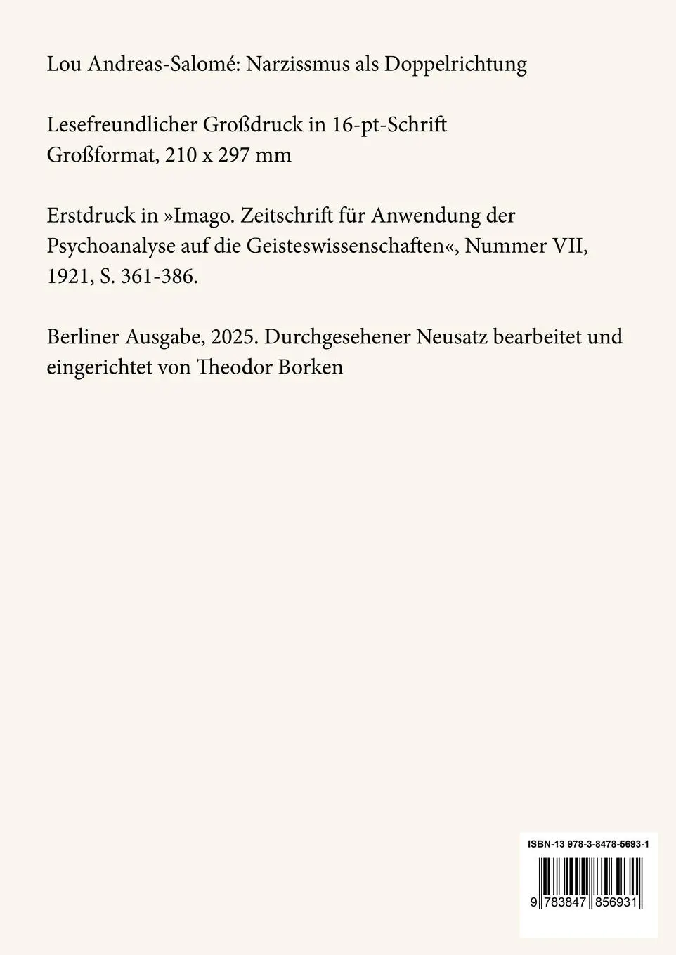 Rückseite: 9783847856931 | Narzissmus als Doppelrichtung (Großdruck) | Lou Andreas-Salomé | Buch