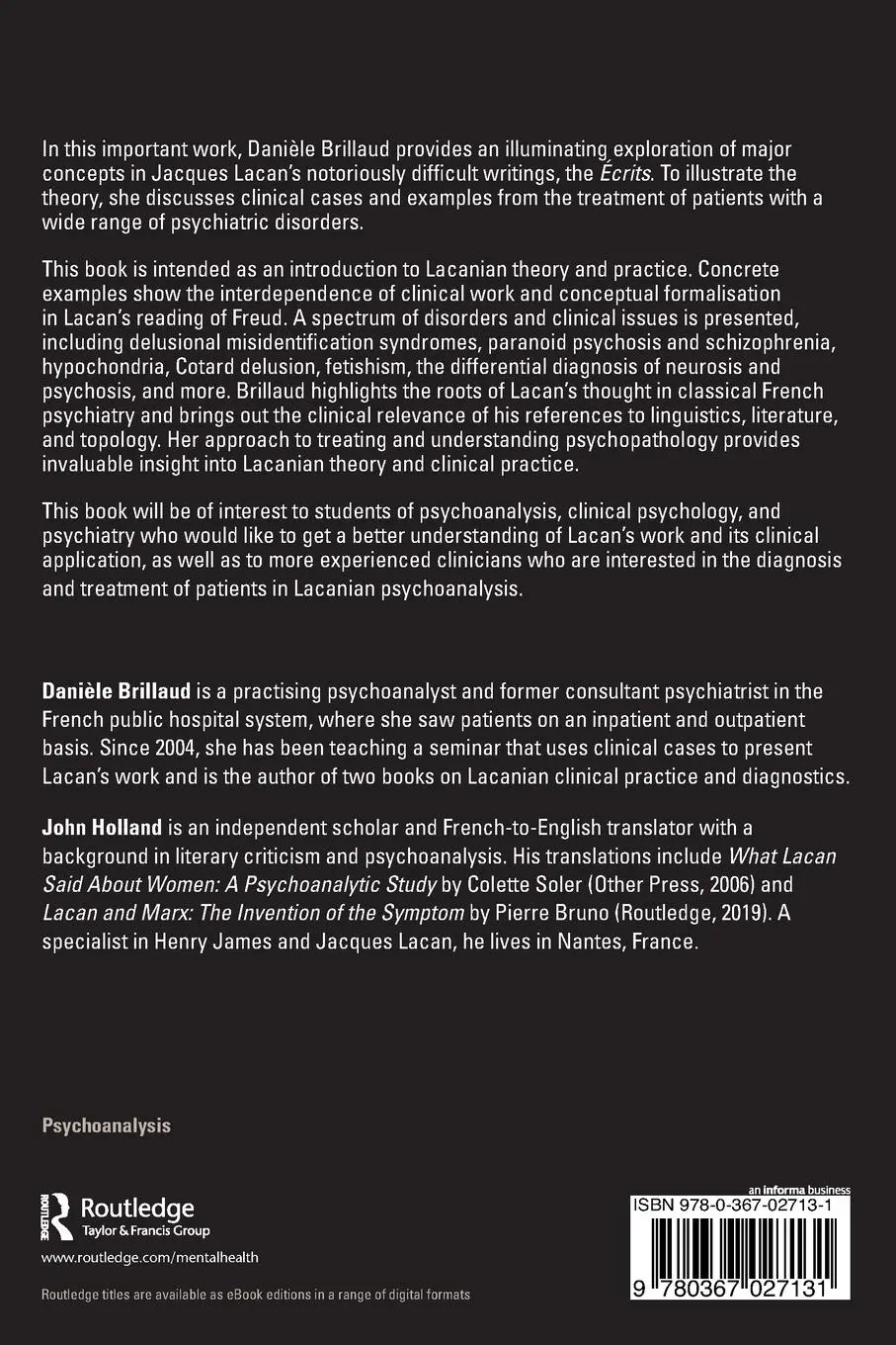 Rückseite: 9780367027131 | Lacanian Psychoanalysis | A Clinical Casebook | Danièle Brillaud