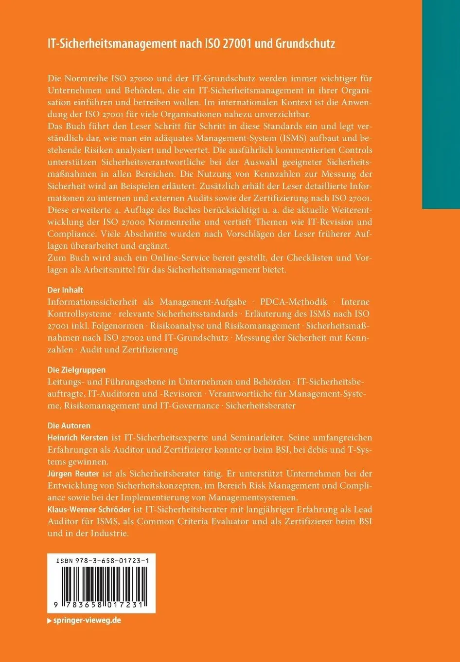Rückseite: 9783658017231 | IT-Sicherheitsmanagement nach ISO 27001 und Grundschutz | Taschenbuch