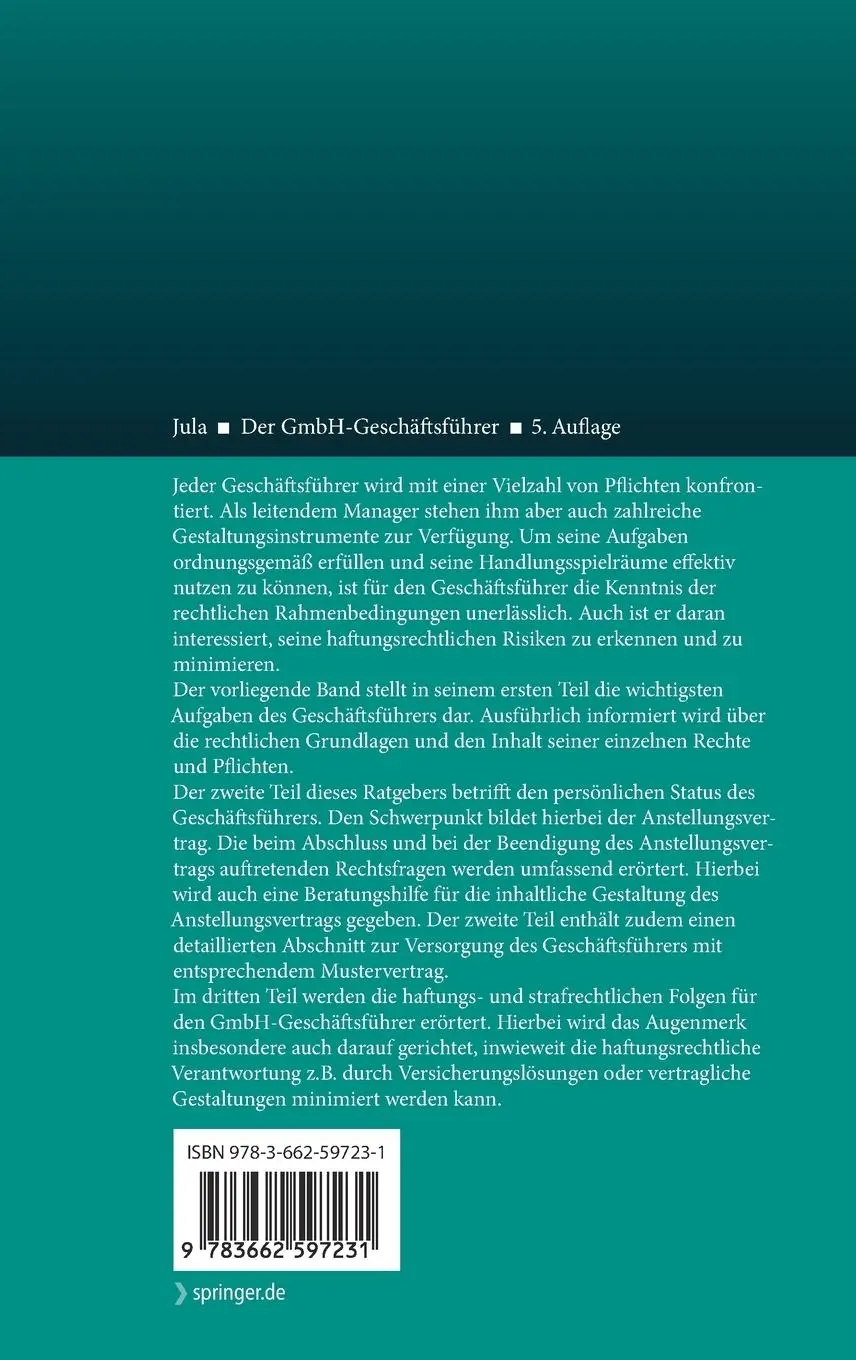 Rückseite: 9783662597231 | Der GmbH-Geschäftsführer | Rocco Jula | Buch | XXII | Deutsch | 2019
