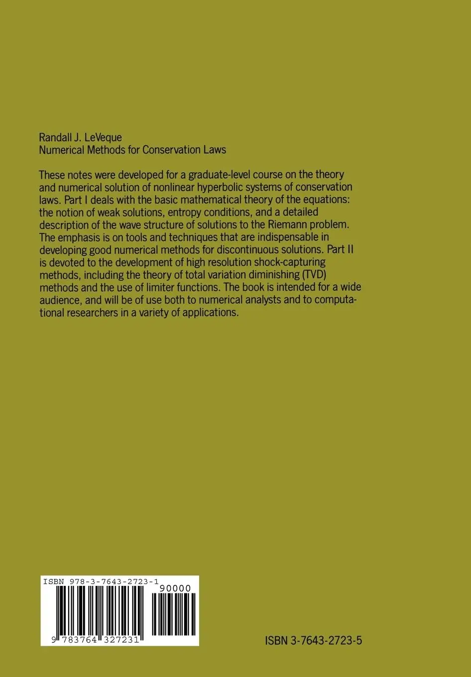 Rückseite: 9783764327231 | Numerical Methods for Conservation Laws | Randall J. Leveque | Buch