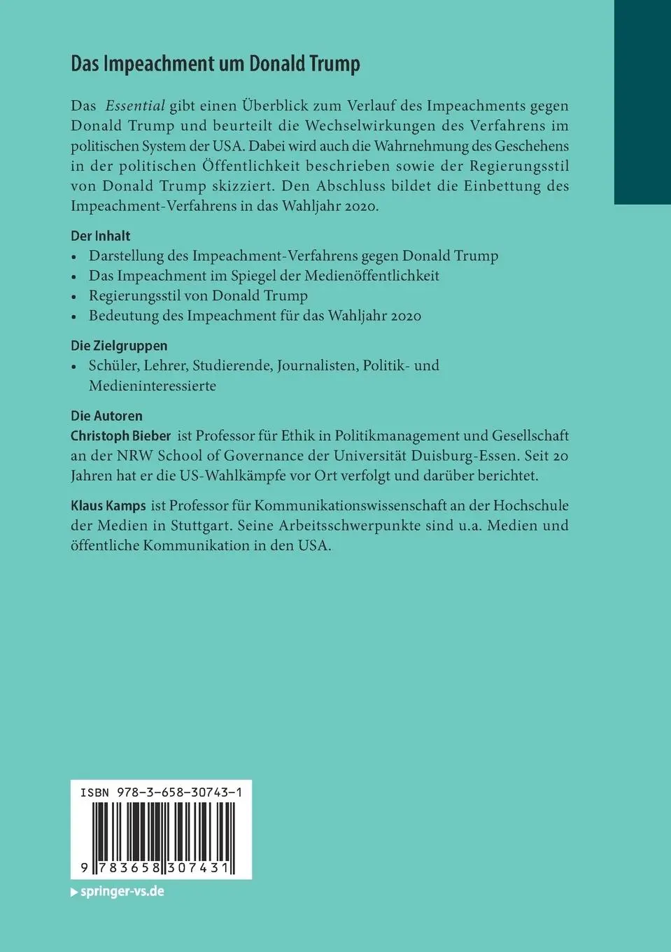 Rückseite: 9783658307431 | Das Impeachment um Donald Trump | Klaus Kamps (u. a.) | Taschenbuch
