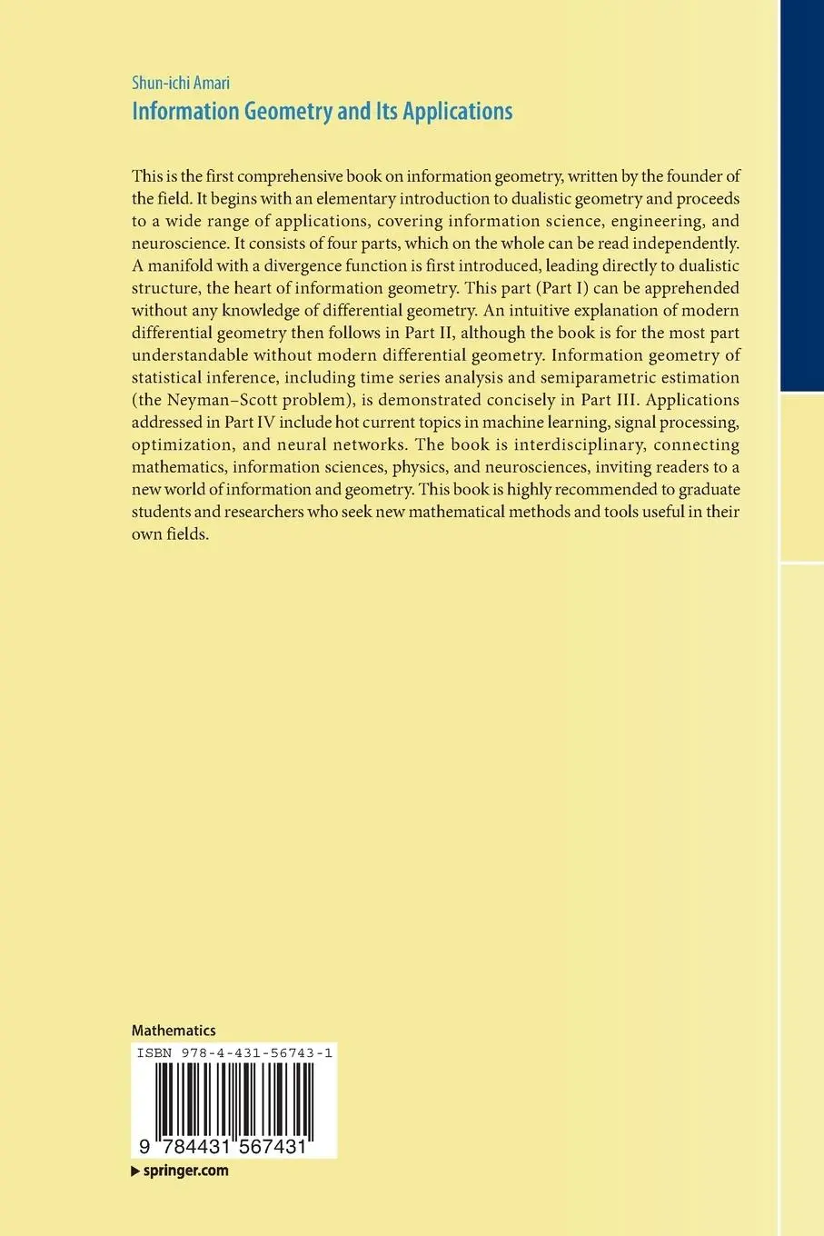 Rückseite: 9784431567431 | Information Geometry and Its Applications | Shun-Ichi Amari | Buch