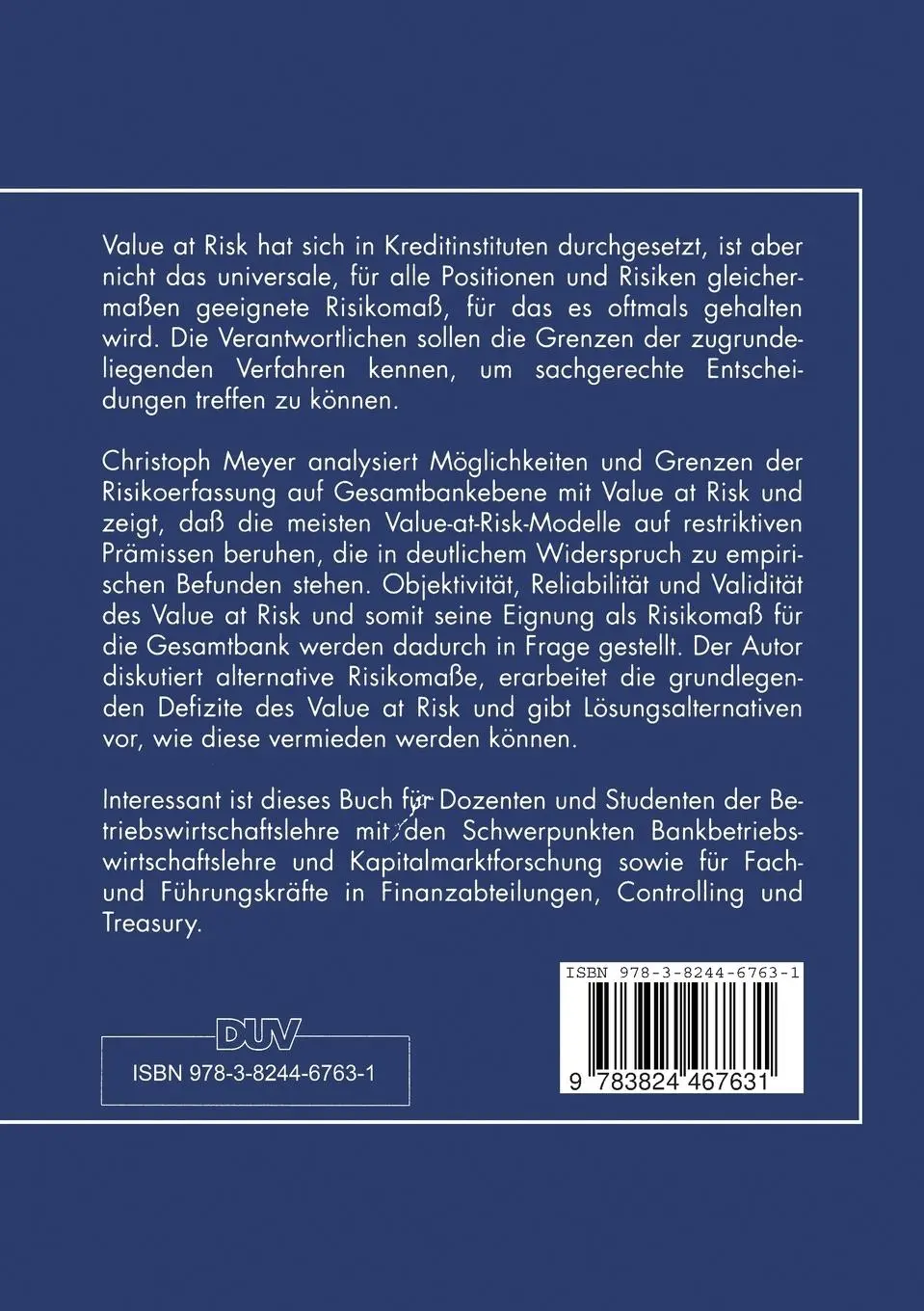 Rückseite: 9783824467631 | Value at Risk für Kreditinstitute | Christoph Meyer | Taschenbuch