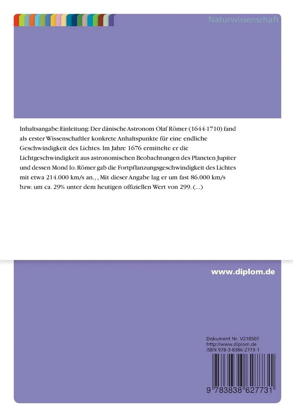 Rückseite: 9783838627731 | Methoden zur Messung der Lichtgeschwindigkeit und Aspekte zur...
