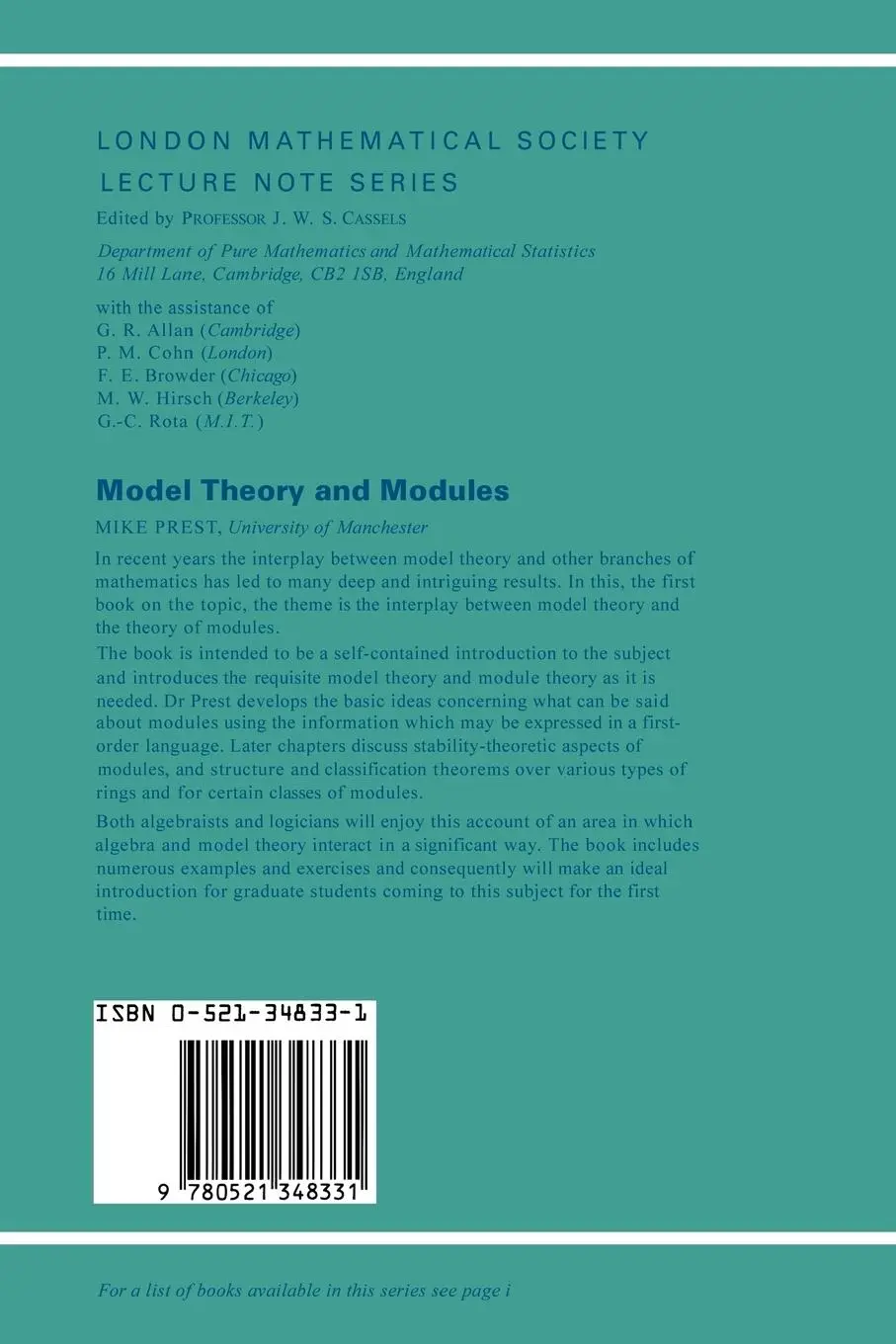 Rückseite: 9780521348331 | Model Theory and Modules | Mike Prest (u. a.) | Taschenbuch | Englisch