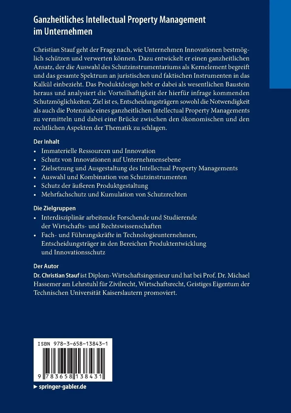 Rückseite: 9783658138431 | Ganzheitliches Intellectual Property Management im Unternehmen | Stauf