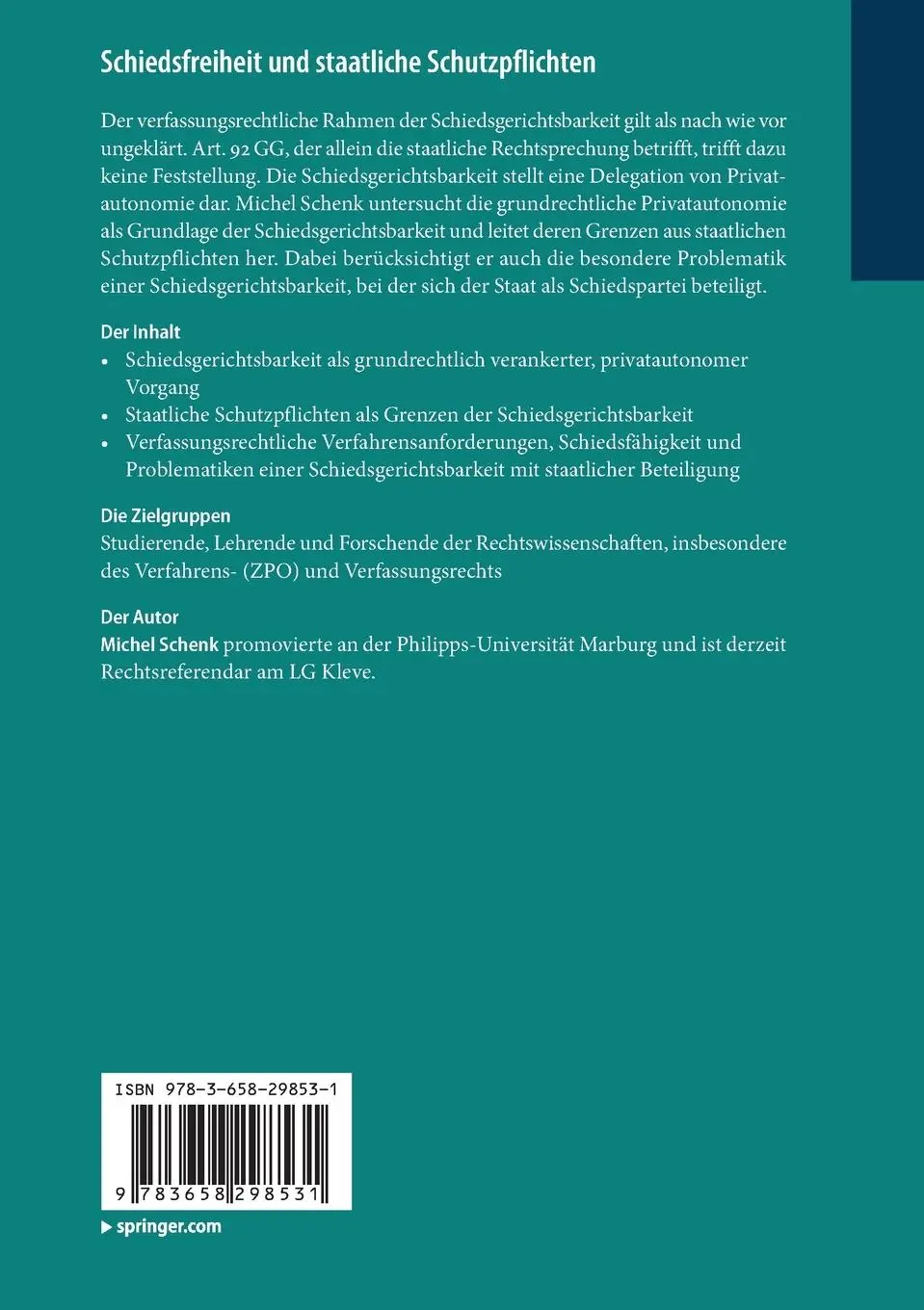 Rückseite: 9783658298531 | Schiedsfreiheit und staatliche Schutzpflichten | Michel Schenk | Buch