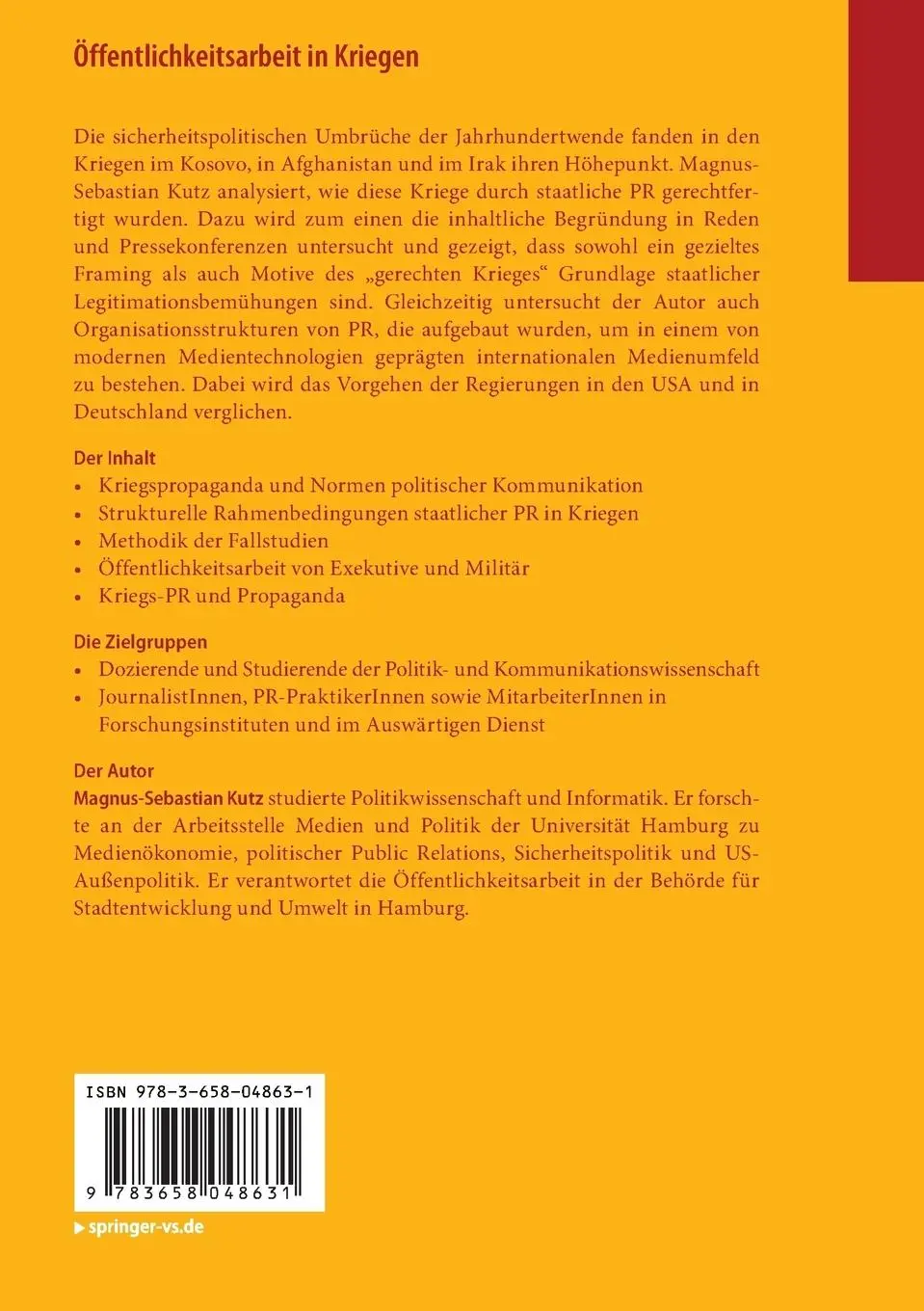 Rückseite: 9783658048631 | Öffentlichkeitsarbeit in Kriegen | Magnus-Sebastian Kutz | Taschenbuch