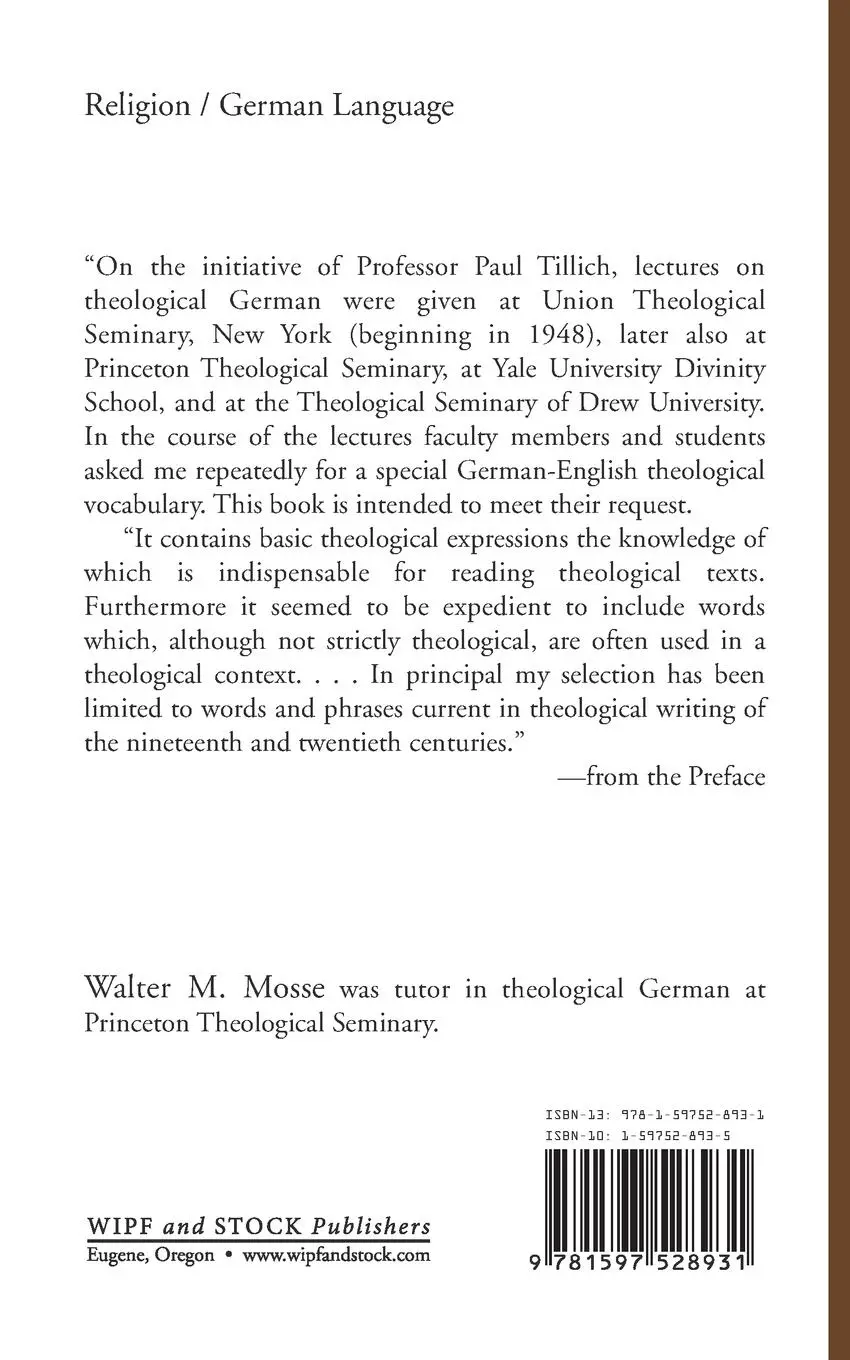 Rückseite: 9781597528931 | A Theological German Vocabulary | Walter M. Mosse | Taschenbuch | 2006