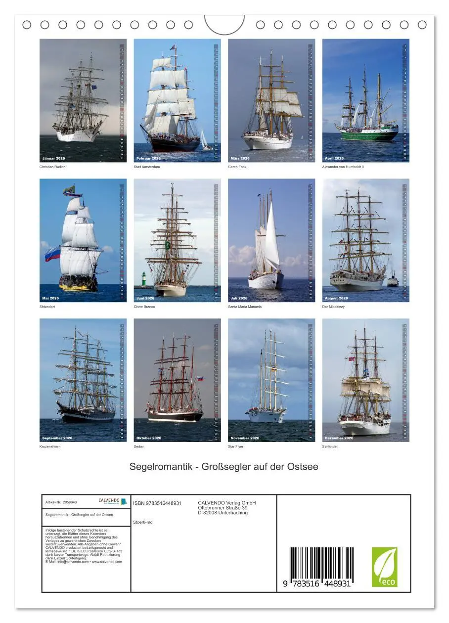 Bild: 9783516448931 | Segelromantik - Großsegler auf der Ostsee (Wandkalender 2026 DIN A4...