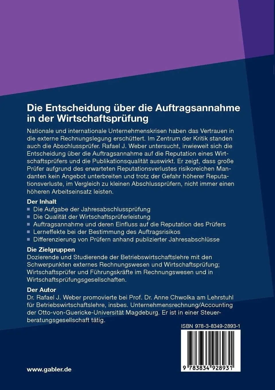 Rückseite: 9783834928931 | Die Entscheidung über die Auftragsannahme in der Wirtschaftsprüfung