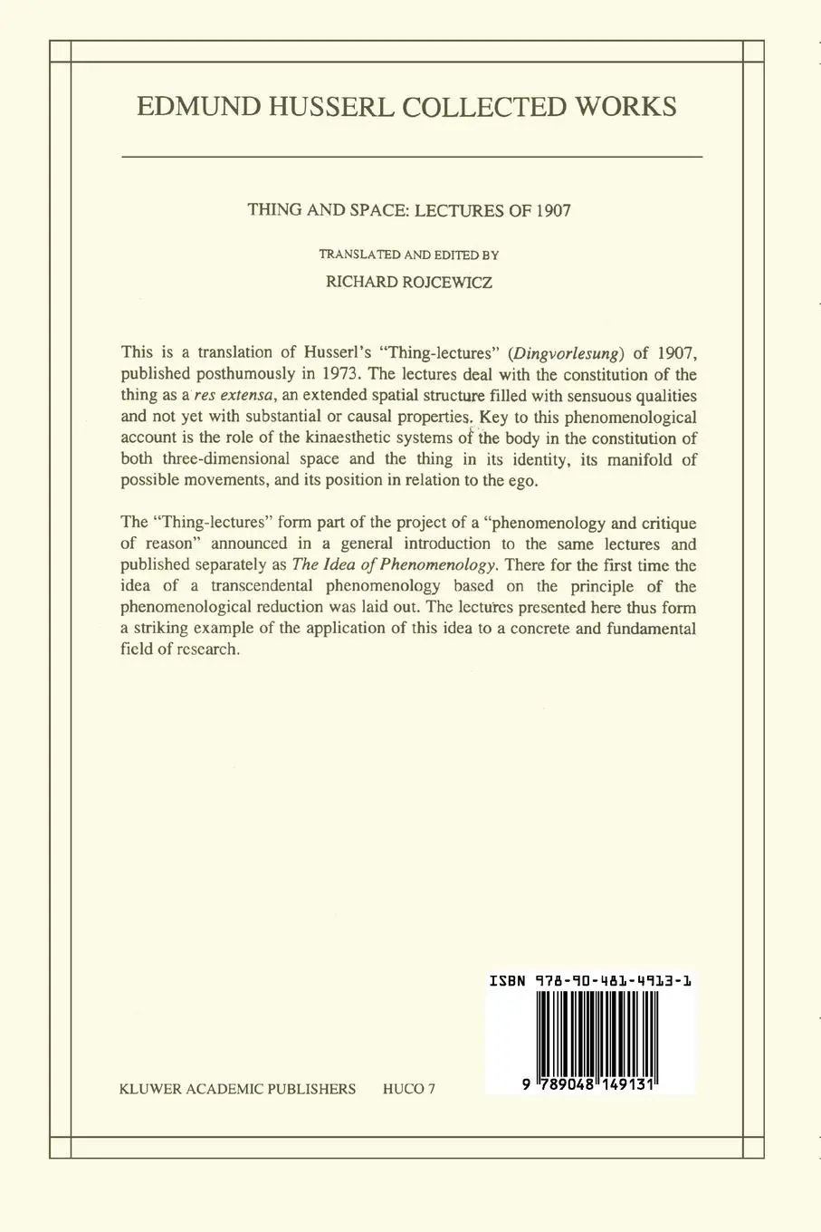 Rückseite: 9789048149131 | Thing and Space | Lectures of 1907 | Edmund Husserl | Taschenbuch