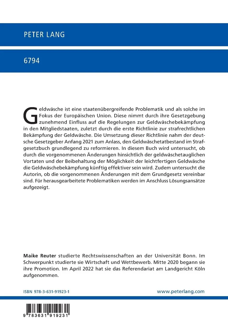 Rückseite: 9783631919231 | Die Europäisierung des Strafrechts auf dem Gebiet der Geldwäsche