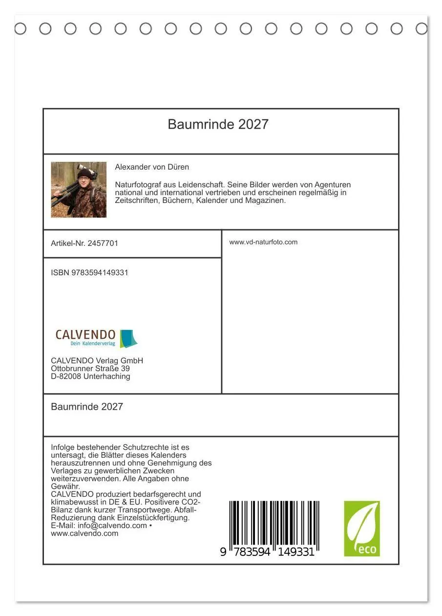 Bild: 9783594149331 | Baumrinde 2027 (Tischkalender 2027 DIN A5 hoch), CALVENDO...