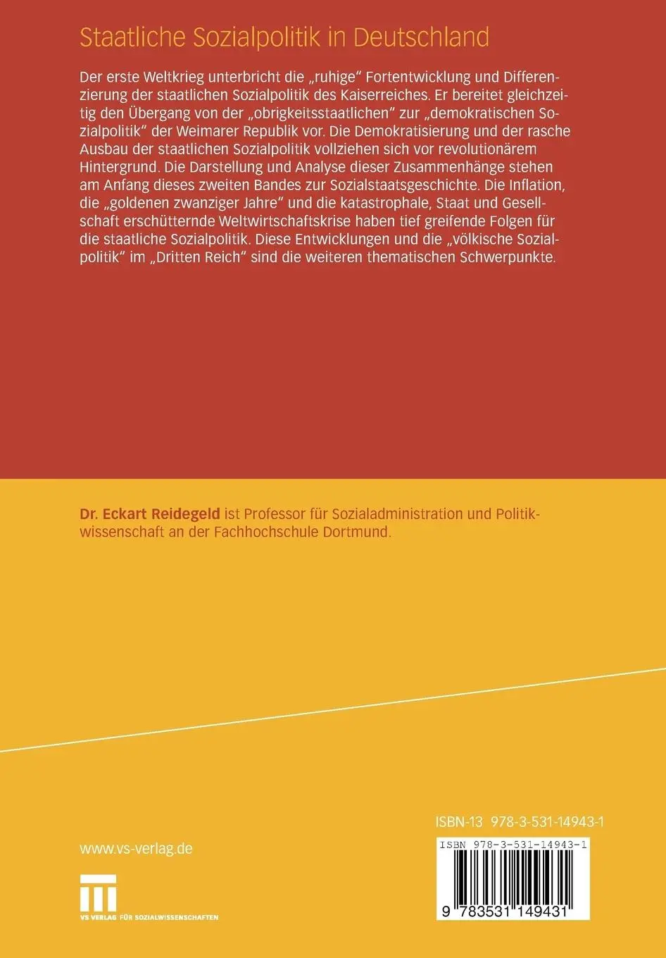 Rückseite: 9783531149431 | Staatliche Sozialpolitik in Deutschland | Eckart Reidegeld | Buch