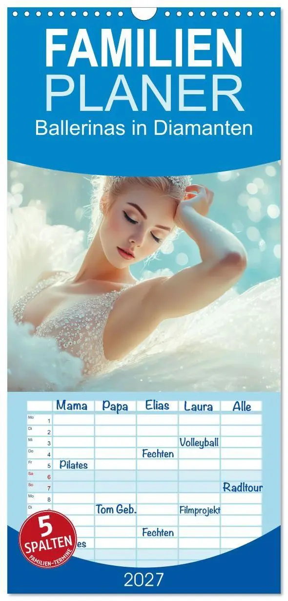 Familienplaner 2027 - Ballerinas in Diamanten mit 5 Spalten (Wandkalender, 21 x 45 cm) CALVENDO