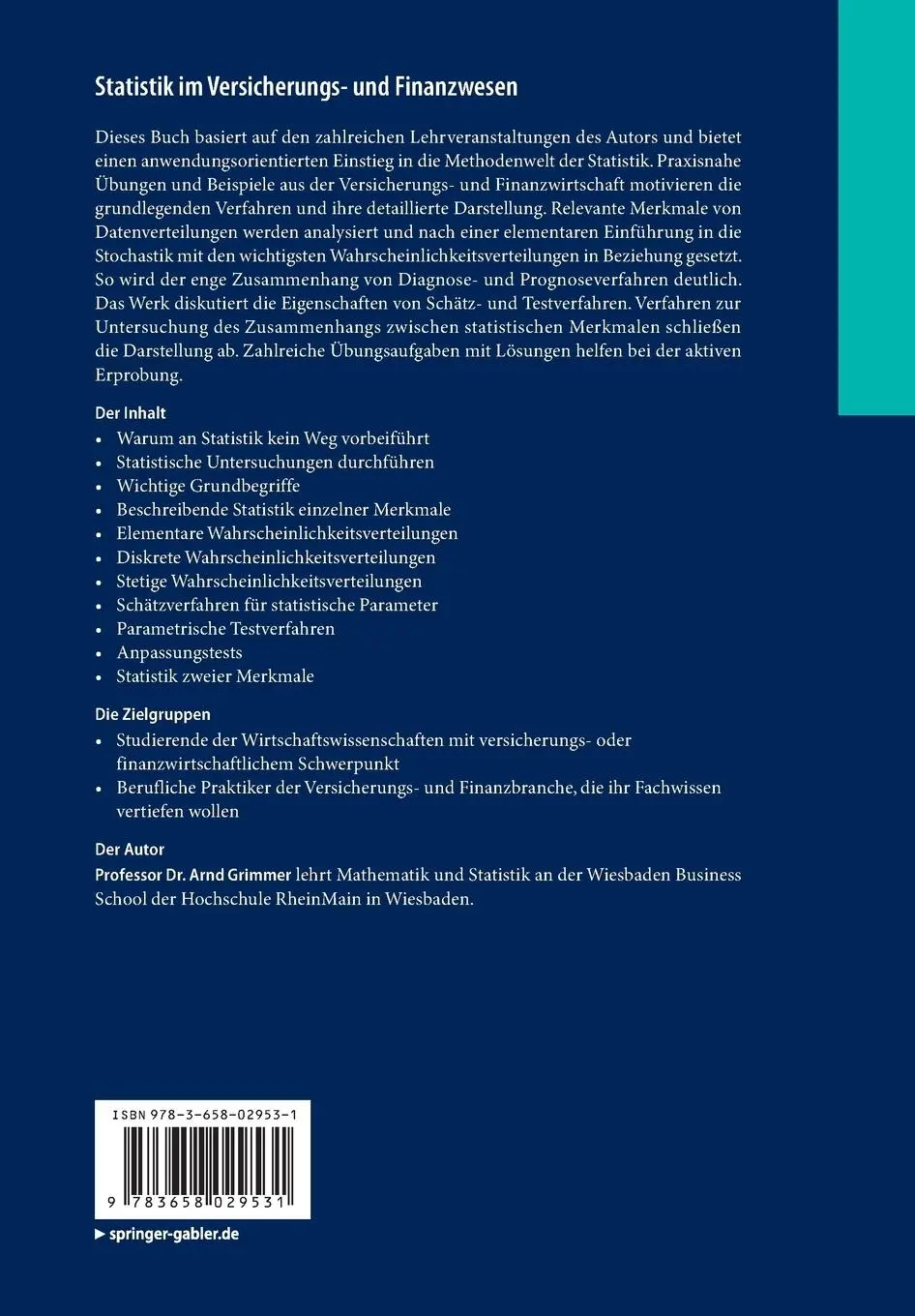 Rückseite: 9783658029531 | Statistik im Versicherungs- und Finanzwesen | Arnd Grimmer | Buch | x