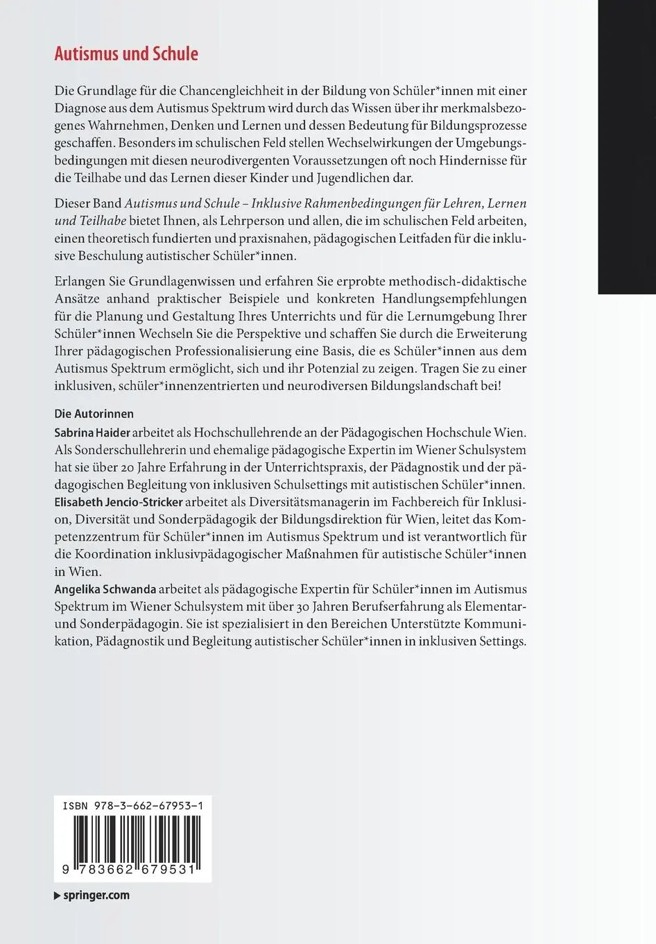 Rückseite: 9783662679531 | Autismus und Schule | Sabrina Haider (u. a.) | Taschenbuch | Paperback