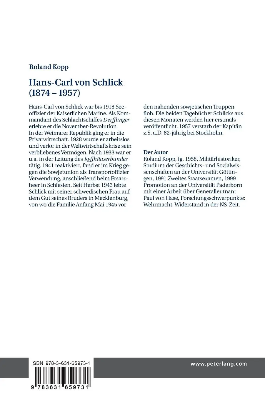 Rückseite: 9783631659731 | Hans-Carl von Schlick (1874-1957) | Roland Kopp | Buch | Deutsch
