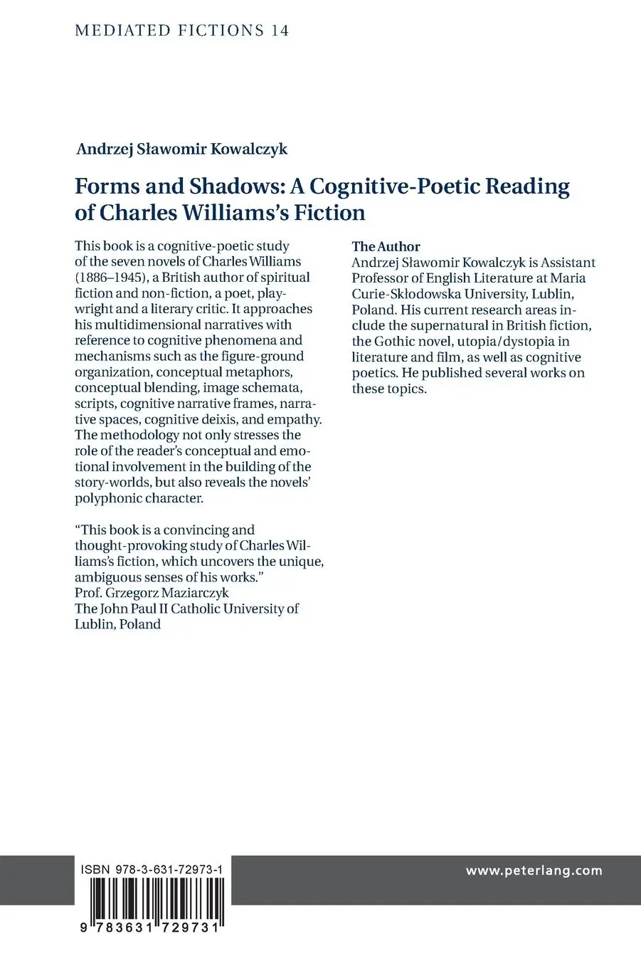 Rückseite: 9783631729731 | Forms and Shadows: A Cognitive-Poetic Reading of Charles Williams's...