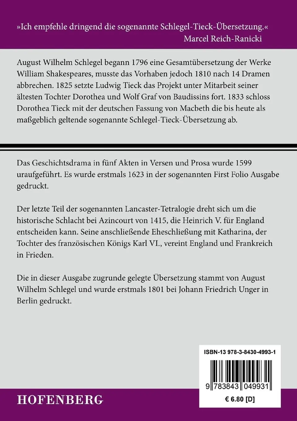 Rückseite: 9783843049931 | König Heinrich V. | William Shakespeare | Taschenbuch | Paperback