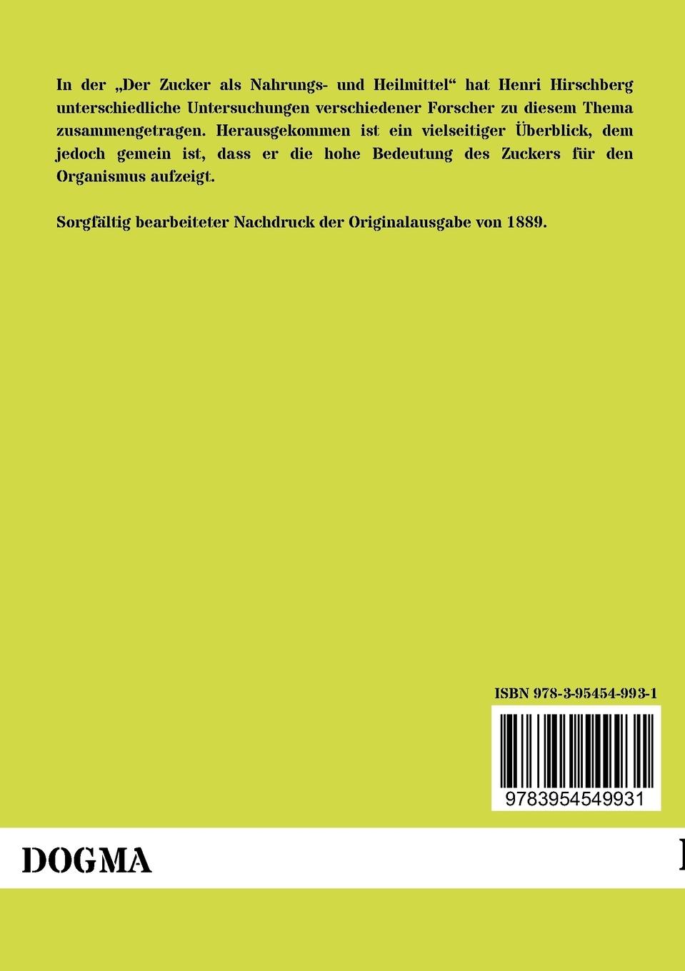 Rückseite: 9783954549931 | Der Zucker als Nahrungs- und Heilmittel | Henri Hirschberg | Buch