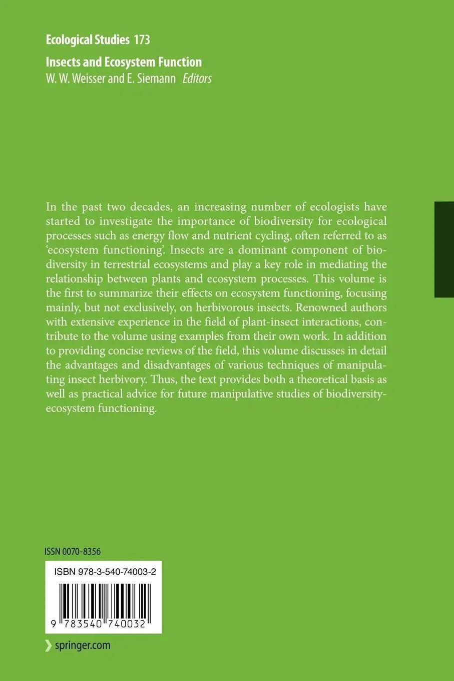 Rückseite: 9783540740032 | Insects and Ecosystem Function | Evan Siemann (u. a.) | Taschenbuch