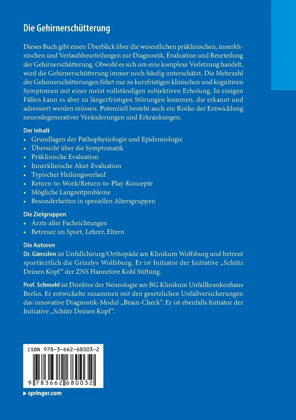 Rückseite: 9783662680032 | Die Gehirnerschütterung | Ingo Schmehl (u. a.) | Taschenbuch | viii