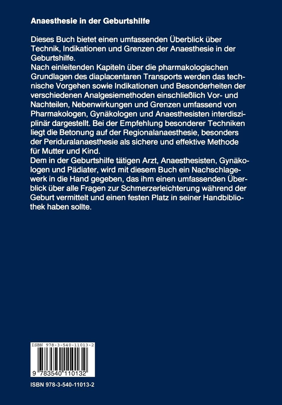 Rückseite: 9783540110132 | Anaesthesie in der Geburtshilfe | Michael Zenz (u. a.) | Taschenbuch