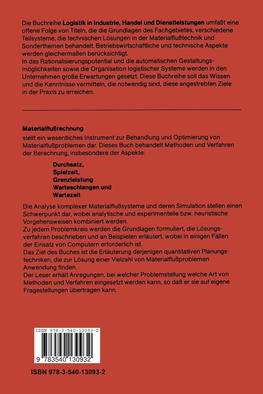 Rückseite: 9783540130932 | Materialflußrechnung | W. Grosseschallau | Taschenbuch | viii | 1984
