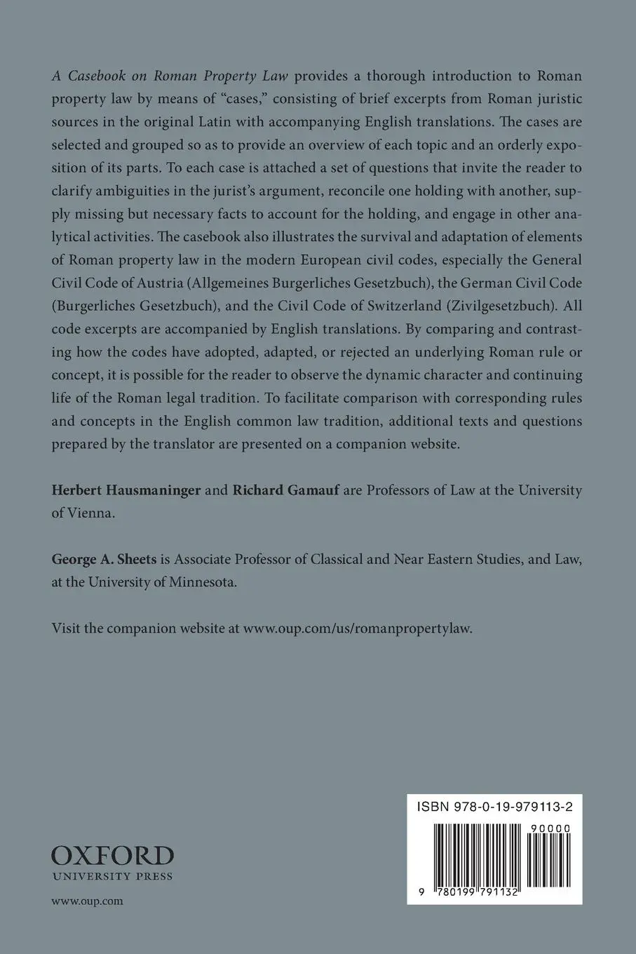 Rückseite: 9780199791132 | Casebook on Roman Property Law | Herbert Hausmaninger (u. a.) | Buch
