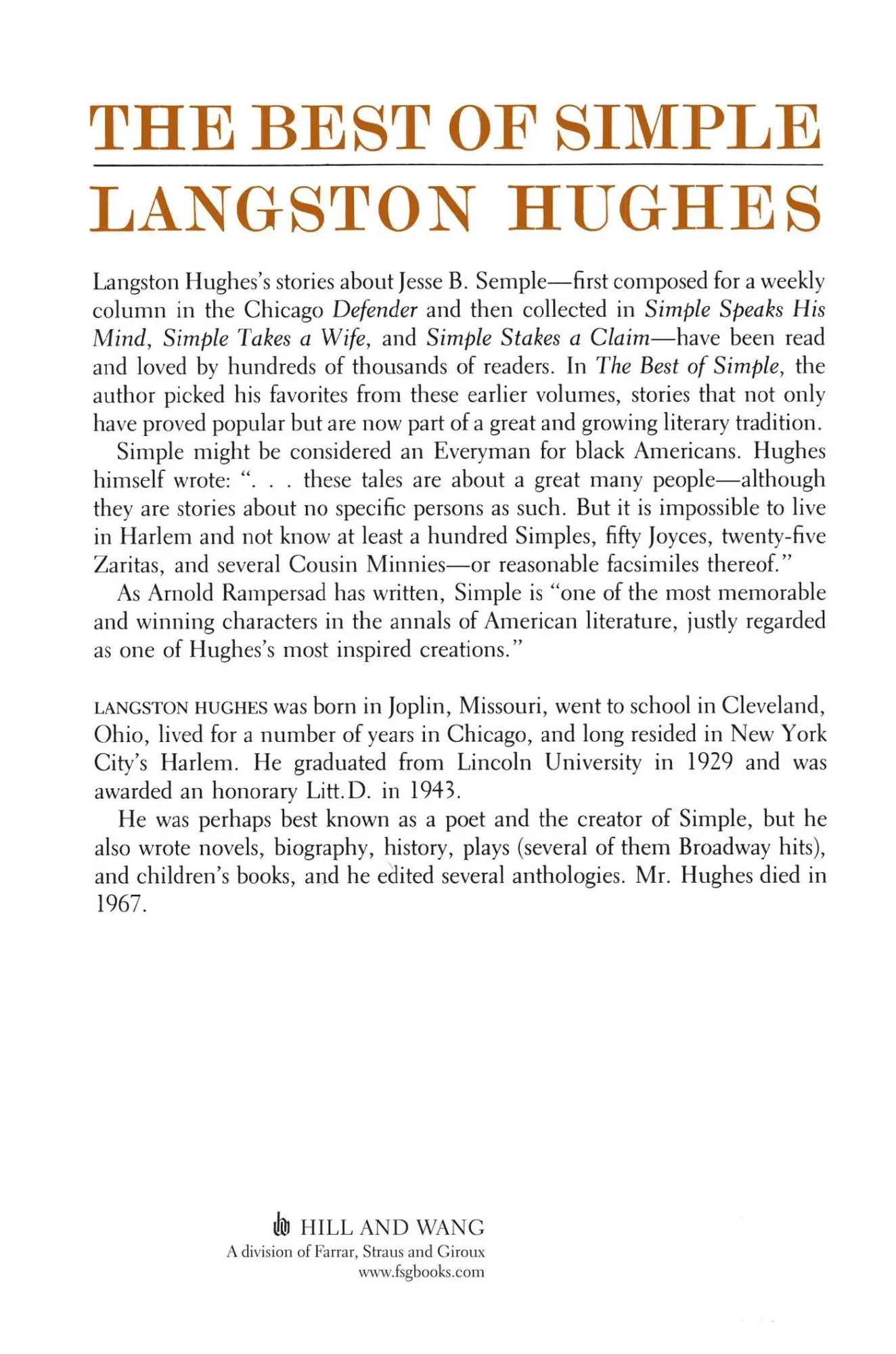 Rückseite: 9780374521332 | The Best of Simple | Langston Hughes | Taschenbuch | Englisch | 1990