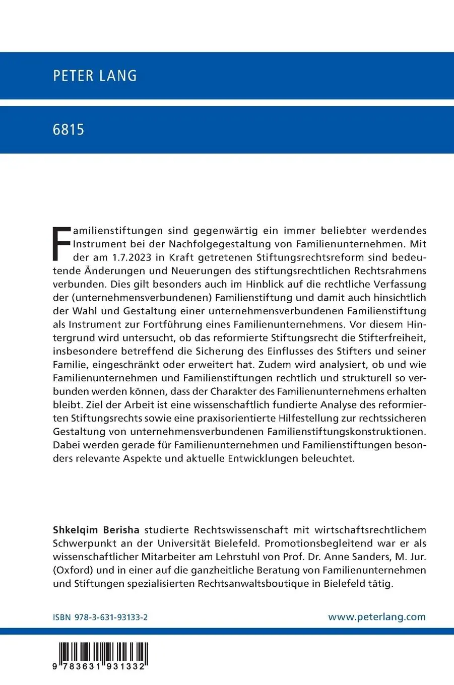 Rückseite: 9783631931332 | Familienunternehmen und unternehmensverbundene Familienstiftung | Buch