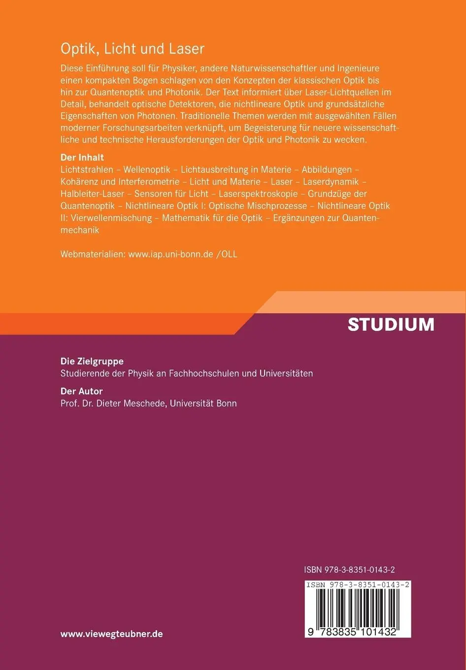Rückseite: 9783835101432 | Optik, Licht und Laser | Dieter Meschede | Taschenbuch | xi | Deutsch