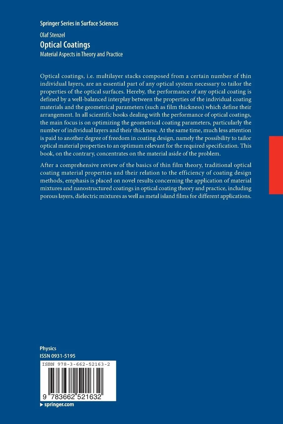 Rückseite: 9783662521632 | Optical Coatings | Material Aspects in Theory and Practice | Stenzel