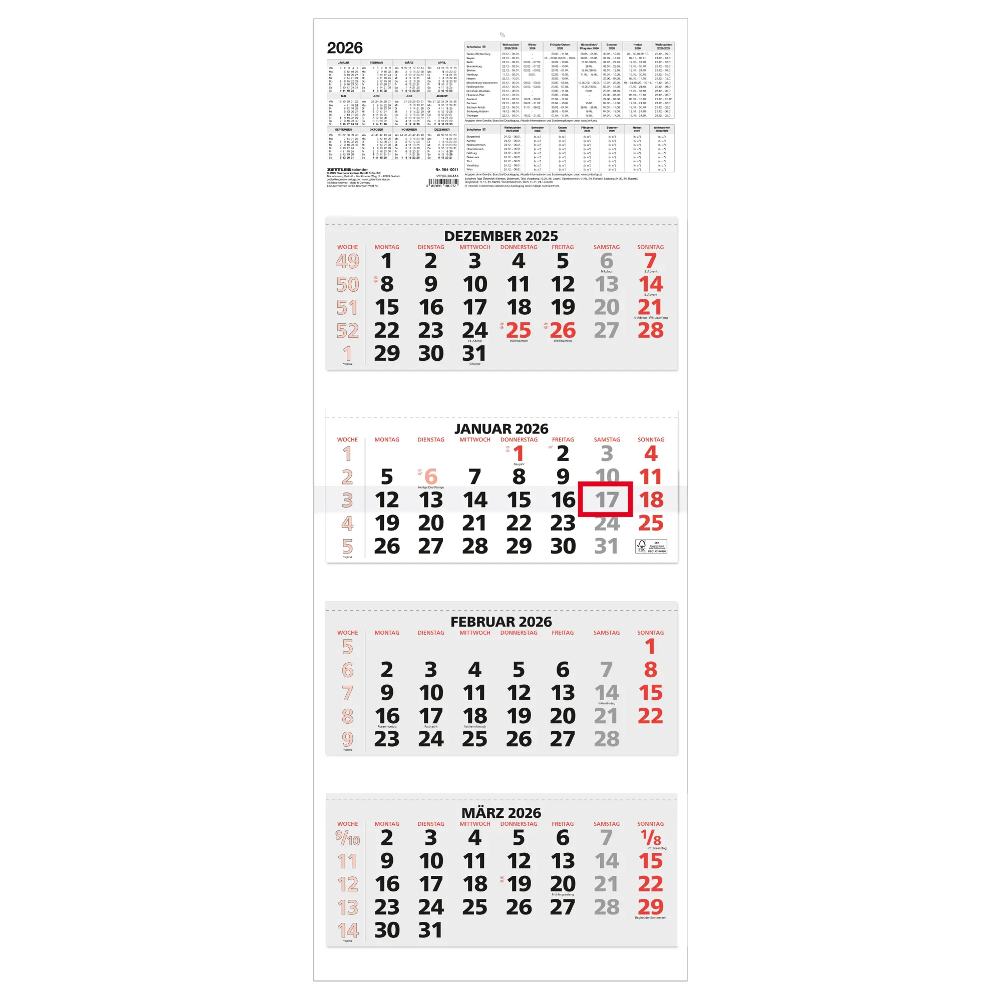 Cover: 4069095001732 | 4-Monatskalender rot 2026 - 31x13,5 - mit Kopftafel -...