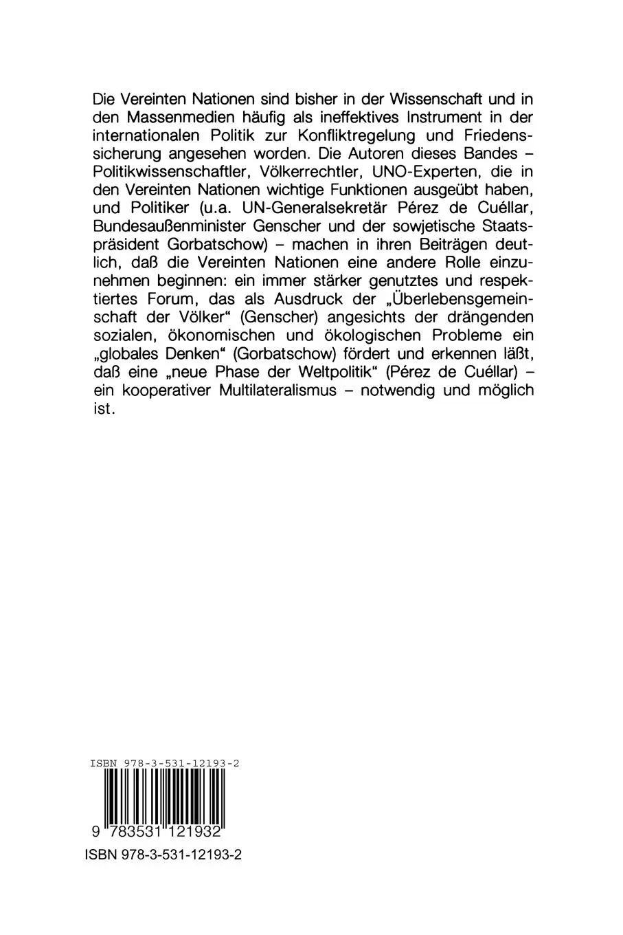 Rückseite: 9783531121932 | Die Wiederentdeckung der Vereinten Nationen | Helmut Volger | Buch