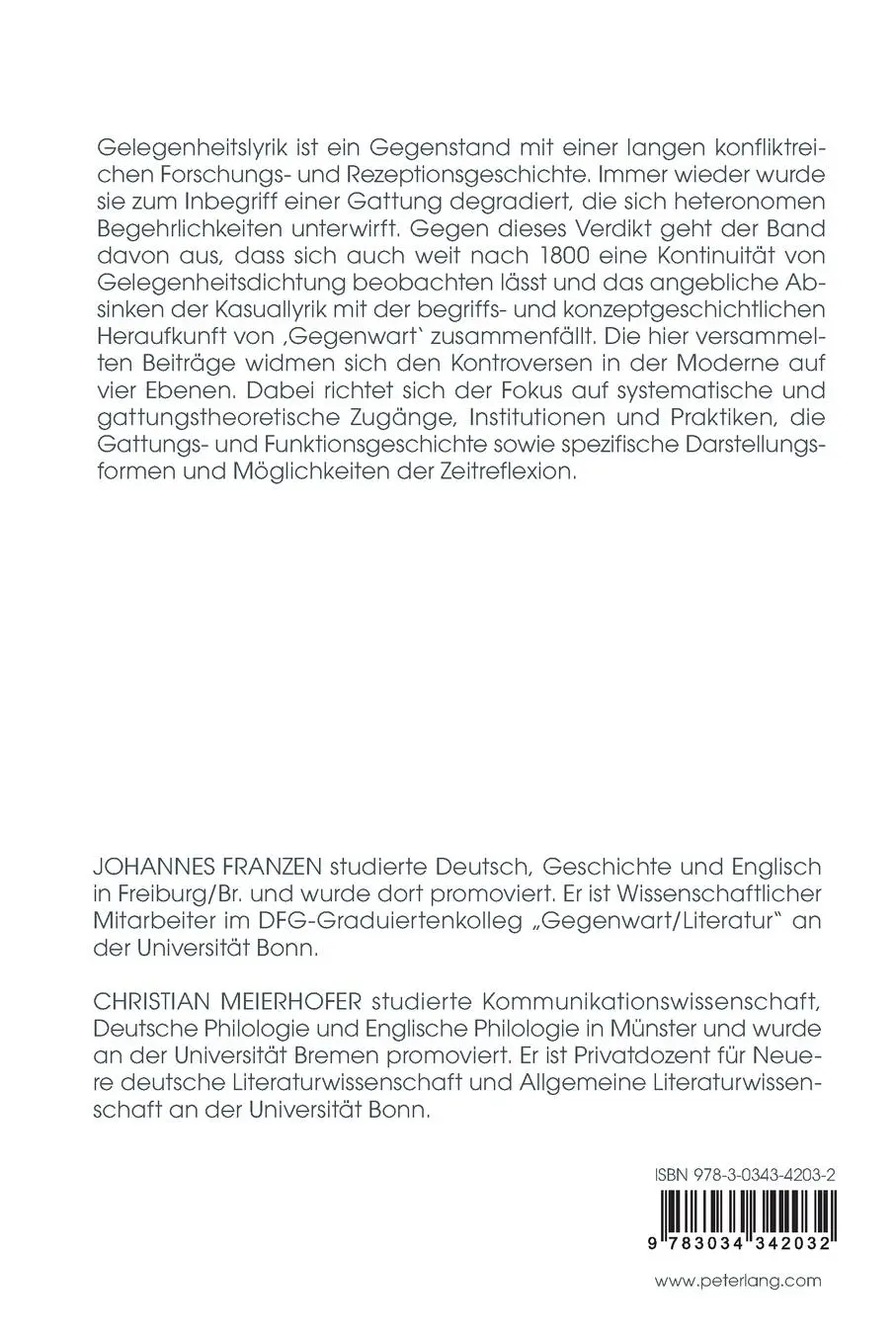 Rückseite: 9783034342032 | Gelegenheitslyrik in der Moderne | Christian Meierhofer (u. a.) | Buch