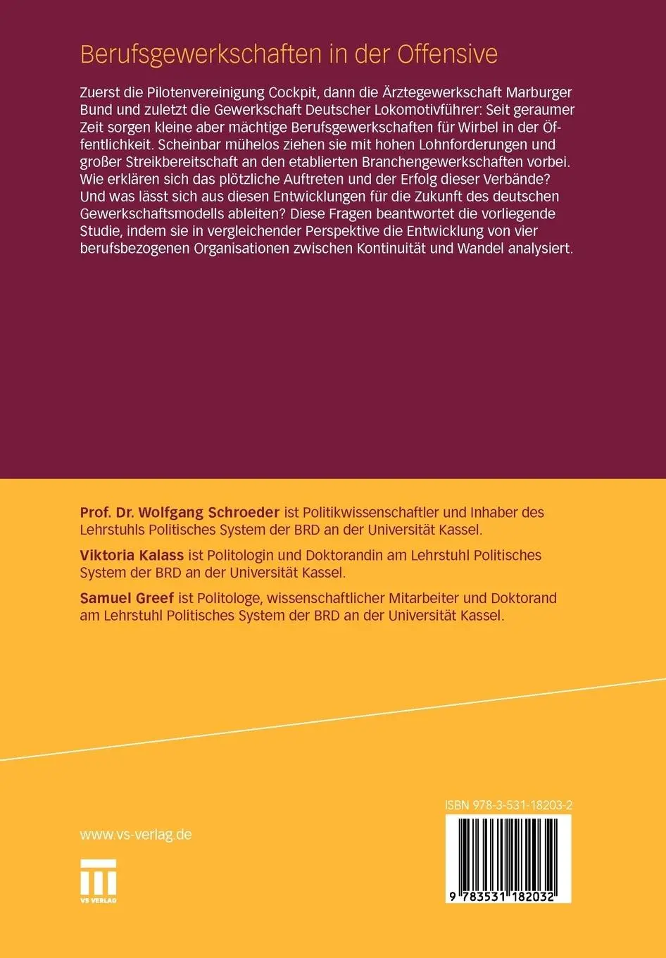 Rückseite: 9783531182032 | Berufsgewerkschaften in der Offensive | Wolfgang Schroeder (u. a.)