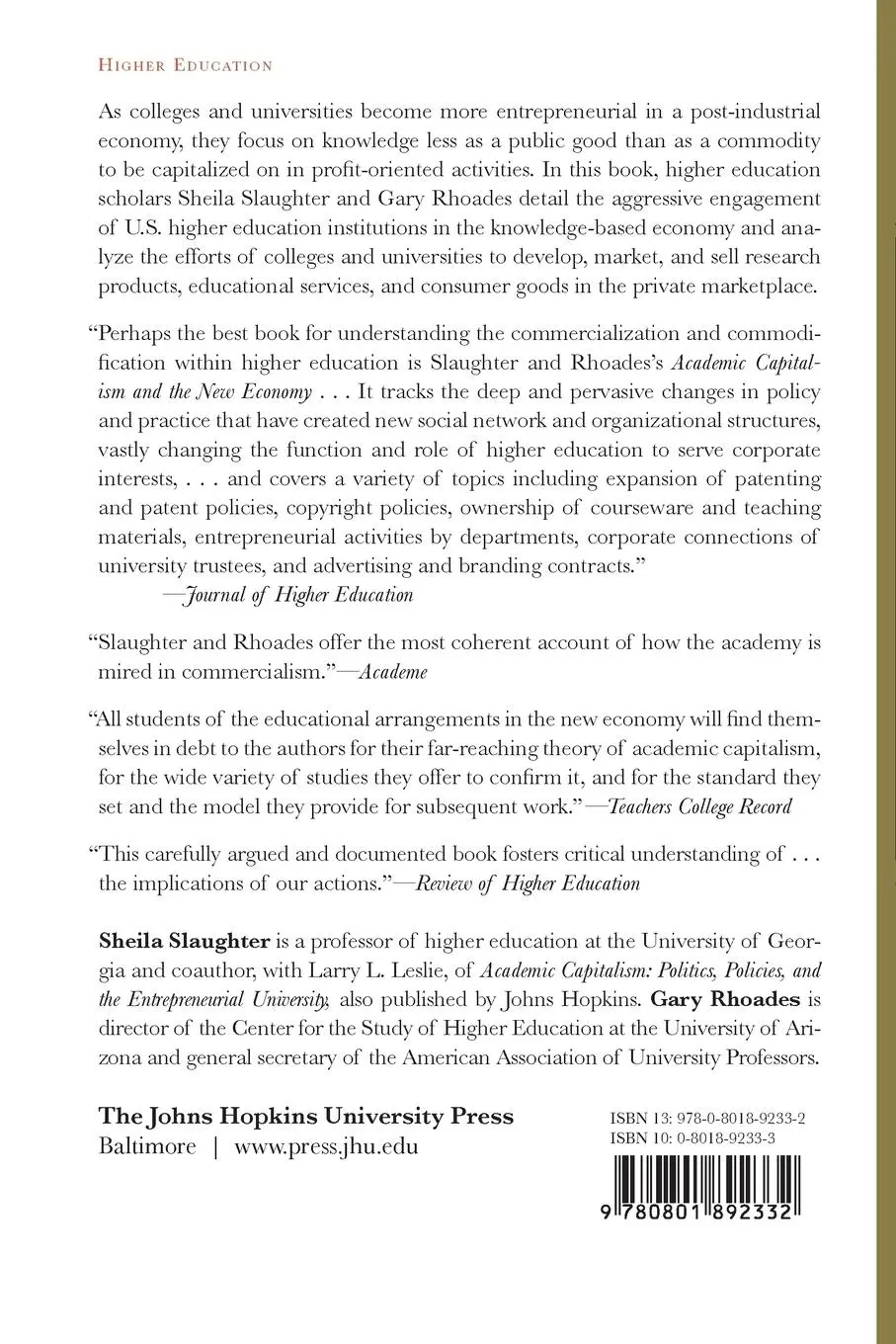 Rückseite: 9780801892332 | Academic Capitalism and the New Economy | Sheila Slaughter (u. a.)