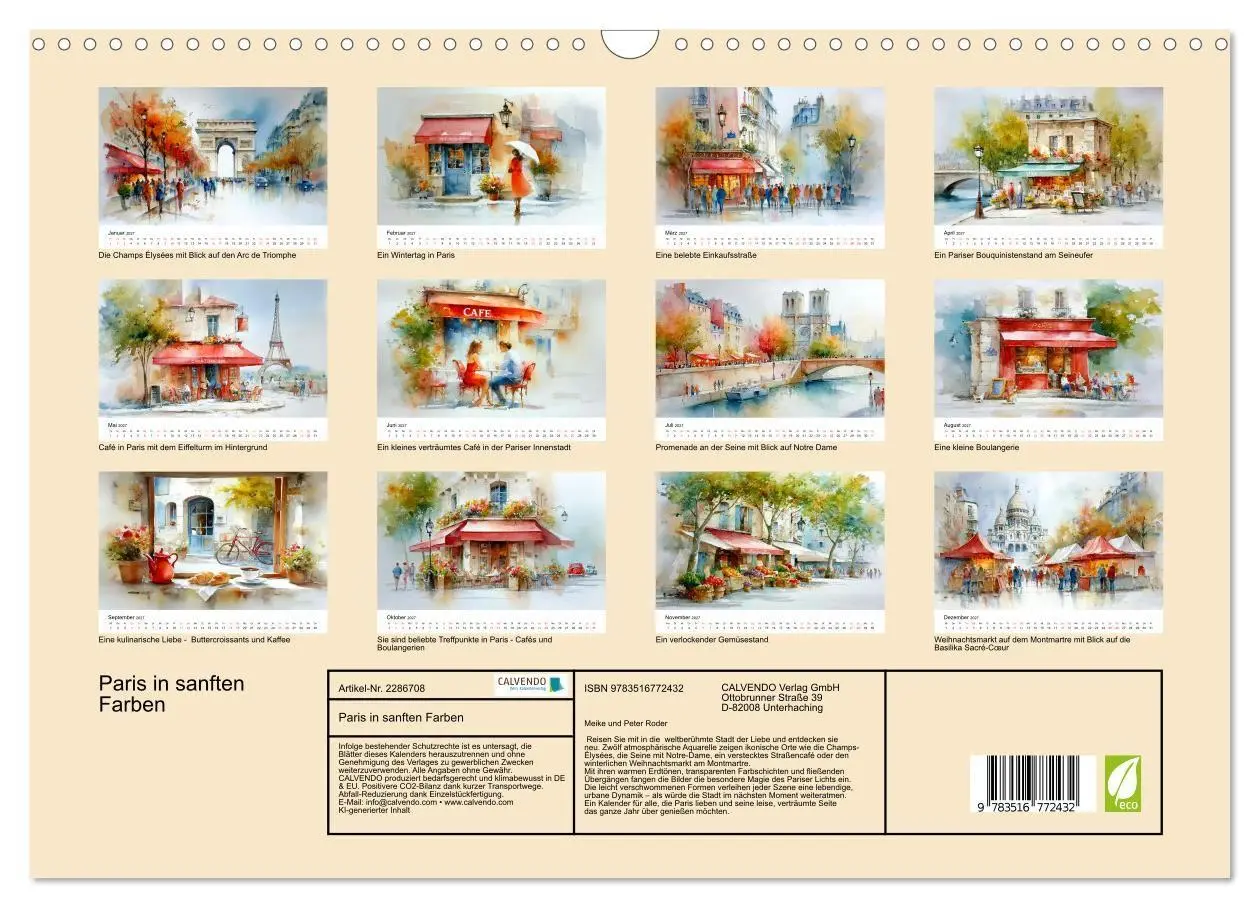 Bild: 9783516772432 | Paris in sanften Farben (Wandkalender 2027 DIN A3 quer), CALVENDO...