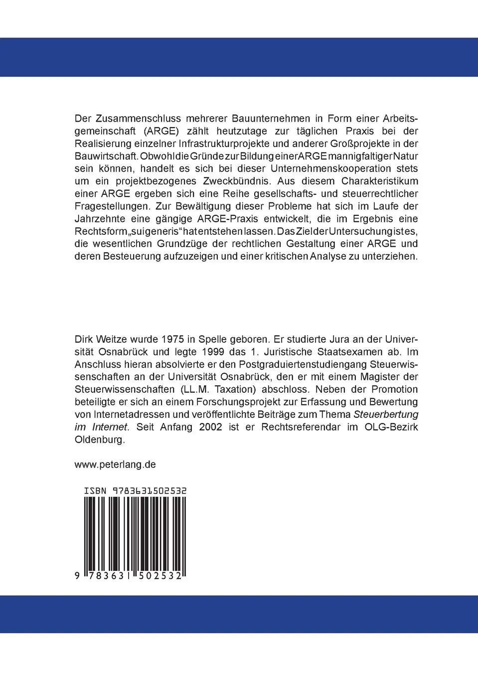 Rückseite: 9783631502532 | Die Arbeitsgemeinschaft in der Bauwirtschaft | Dirk Weitze | Buch