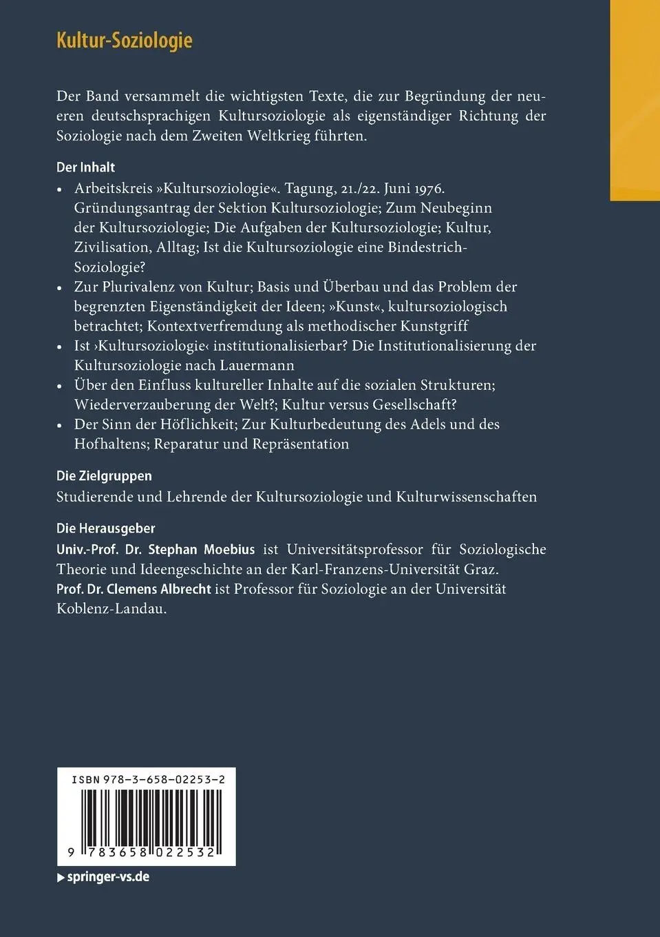 Rückseite: 9783658022532 | Kultur-Soziologie | Clemens Albrecht (u. a.) | Taschenbuch | viii