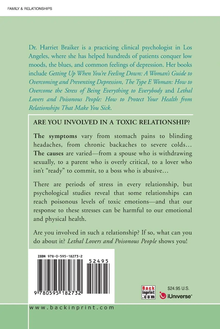 Rückseite: 9780595182732 | Lethal Lovers and Poisonous People | Harriet B Braiker | Taschenbuch