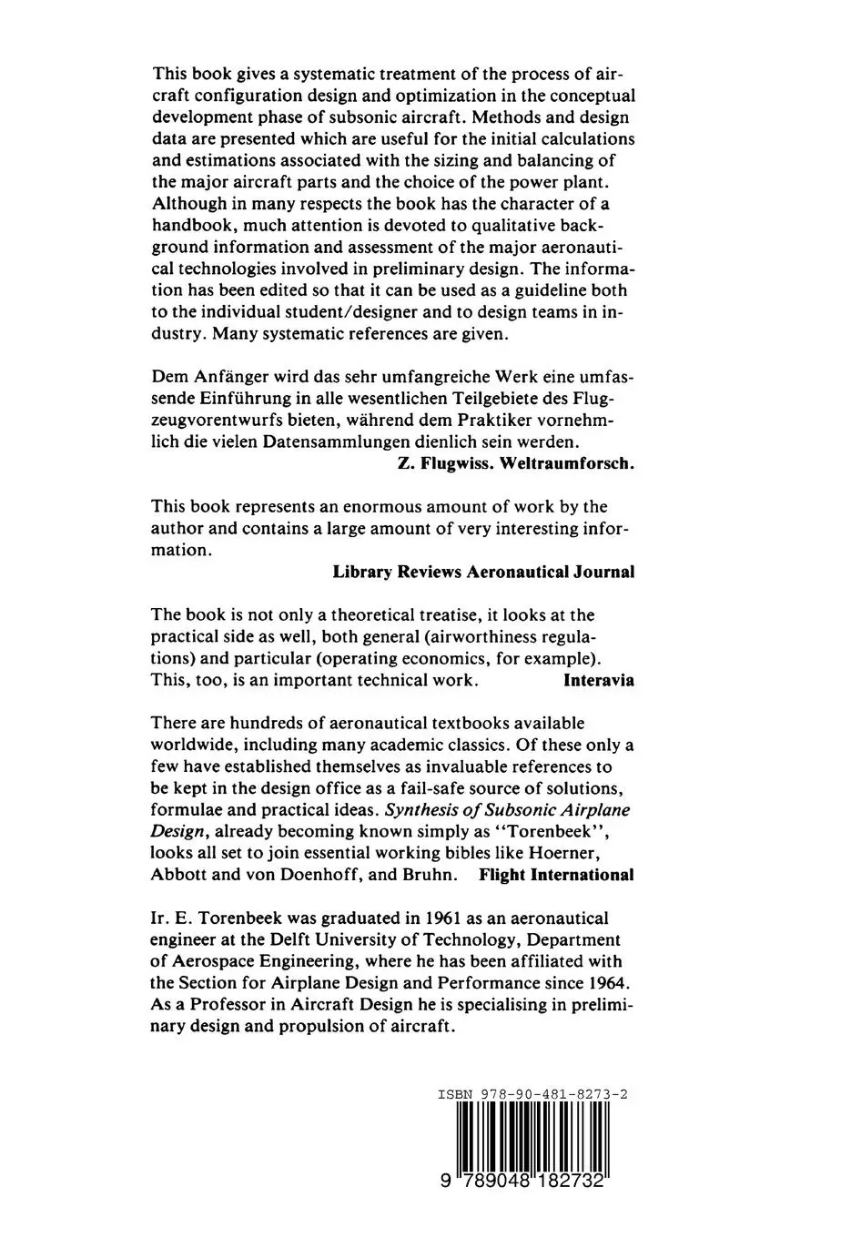 Rückseite: 9789048182732 | Synthesis of Subsonic Airplane Design | E. Torenbeek | Taschenbuch