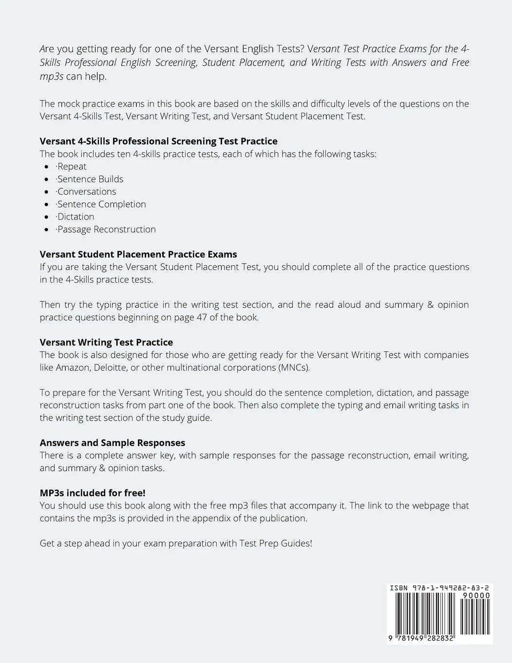 Rückseite: 9781949282832 | Versant Test Practice Exams for the 4-Skills Professional English...