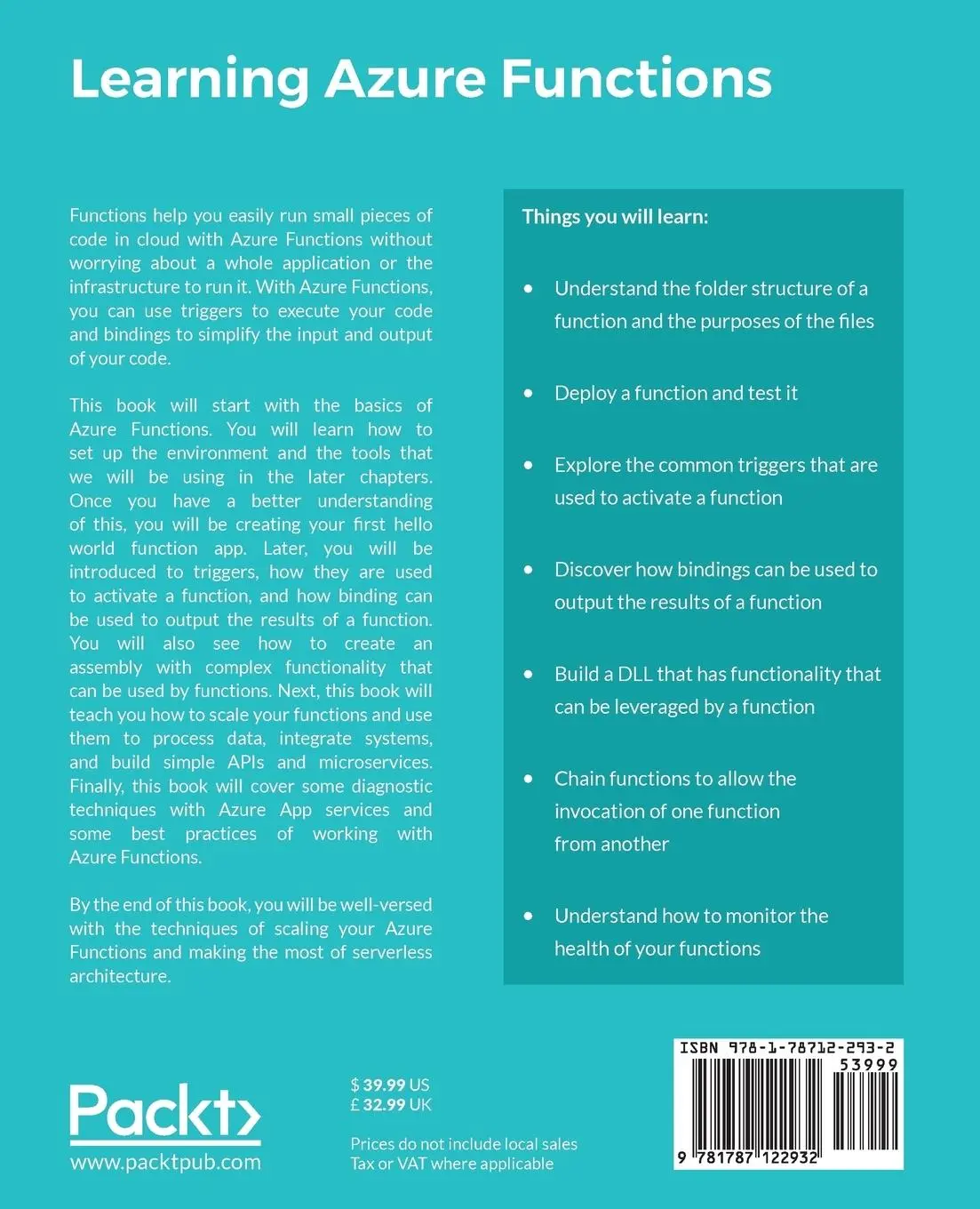 Rückseite: 9781787122932 | Learning Azure Functions | Manisha Yadav (u. a.) | Taschenbuch | 2017