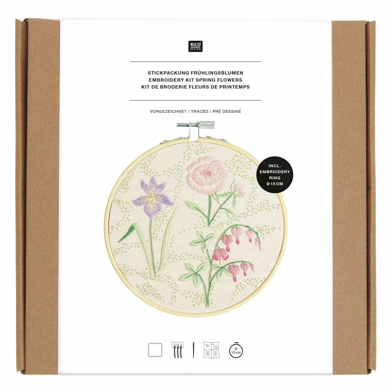 Stickpackung Vorgezeichnet, Frühlingsblumen, Ø 15 cm